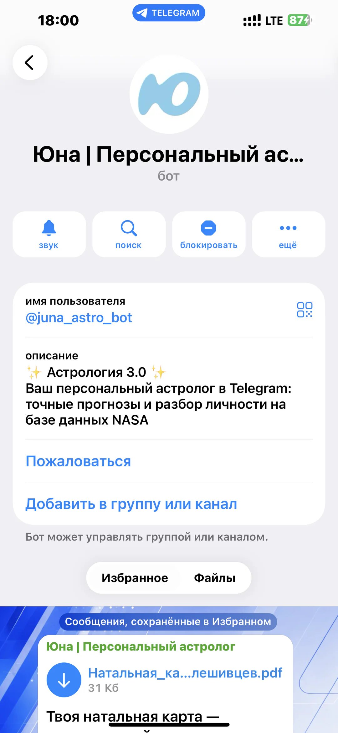 Юна — персональный астролог: карточка Telegram-бота с описанием сервиса